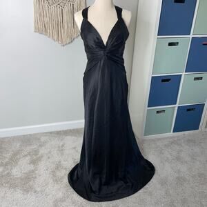 Vintage 90s La Femme Black Satin Criss Cross Cape Back Formal Gown Long Dress 6